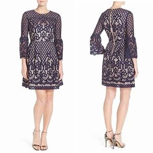 Eliza J Navy Blue Lace Over Nude Dress with Bell Sleeves, Size Medium (10)